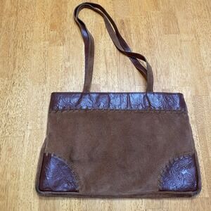 VTG Brown Suede Western Tote Bag Tooled Leather Trim Whipstitch Floral Unbranded
